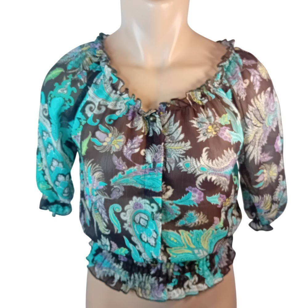 Y2K XOXO Collection Paisley Blouse Smocked Sheer Top Ruffle Bohemian S READ